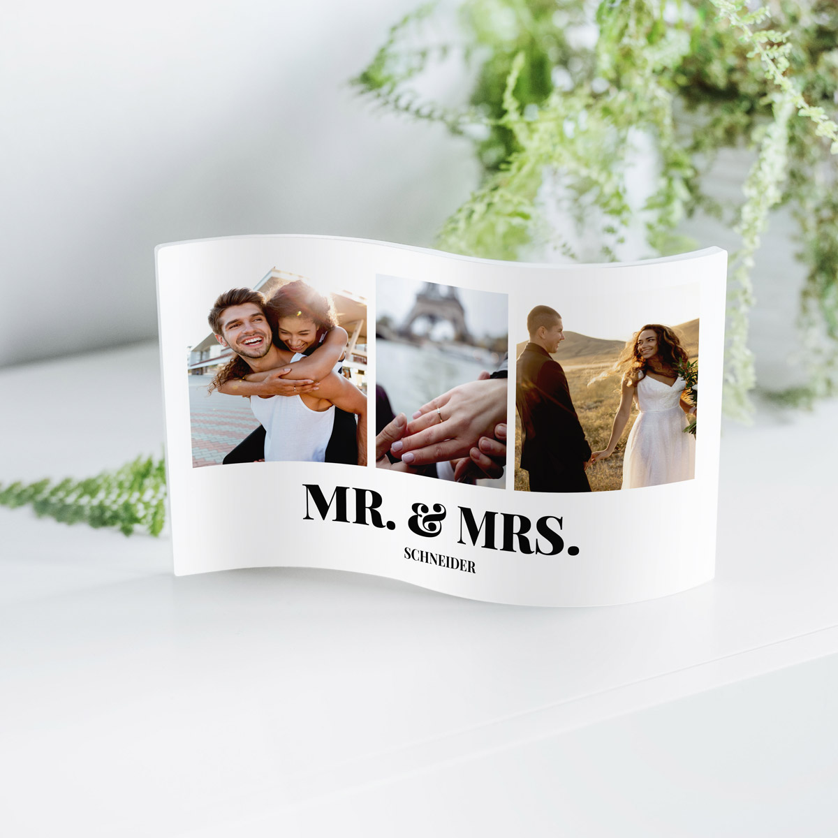 Personalisierbarer Acryl-Aufsteller mit 3 Fotos und Text
