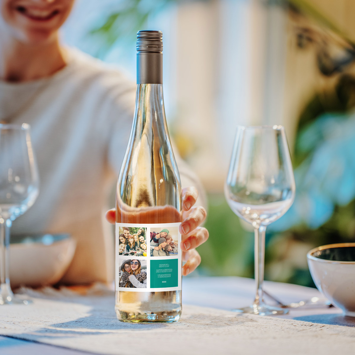 Personalisierbarer Weißwein mit 3 Fotos und Text
