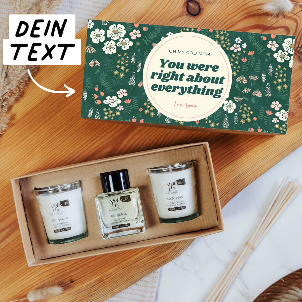 Duftkerzen und Diffuser Set mit Hintergrund und Text