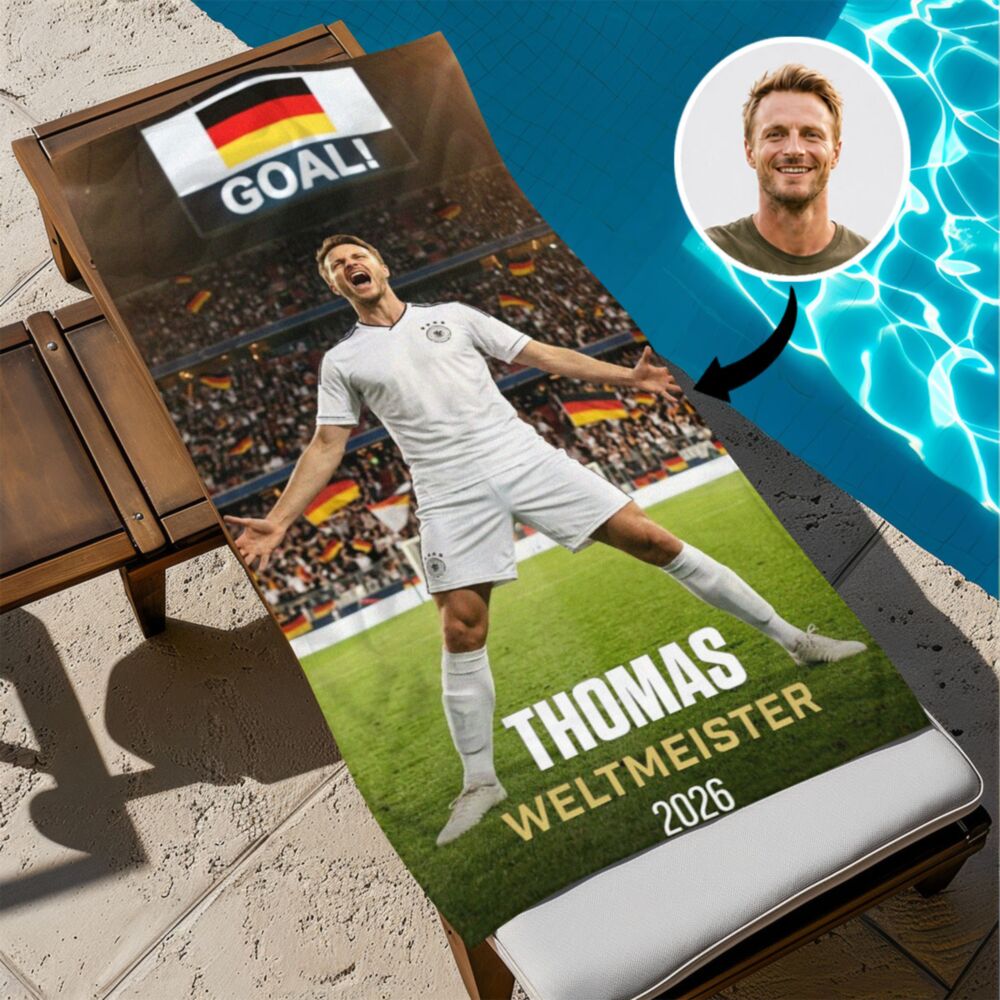 Personalisierbares Handtuch mit KI-Torjubel