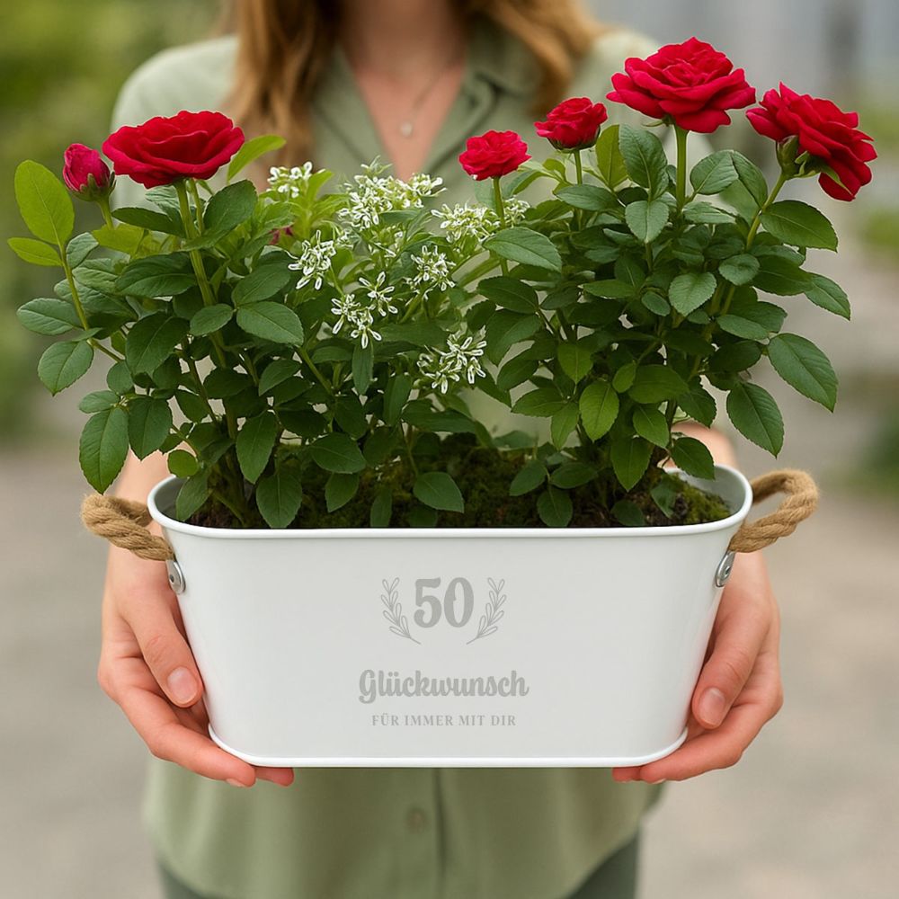 Personalisierbarer Blumenkasten mit Kranz und Text