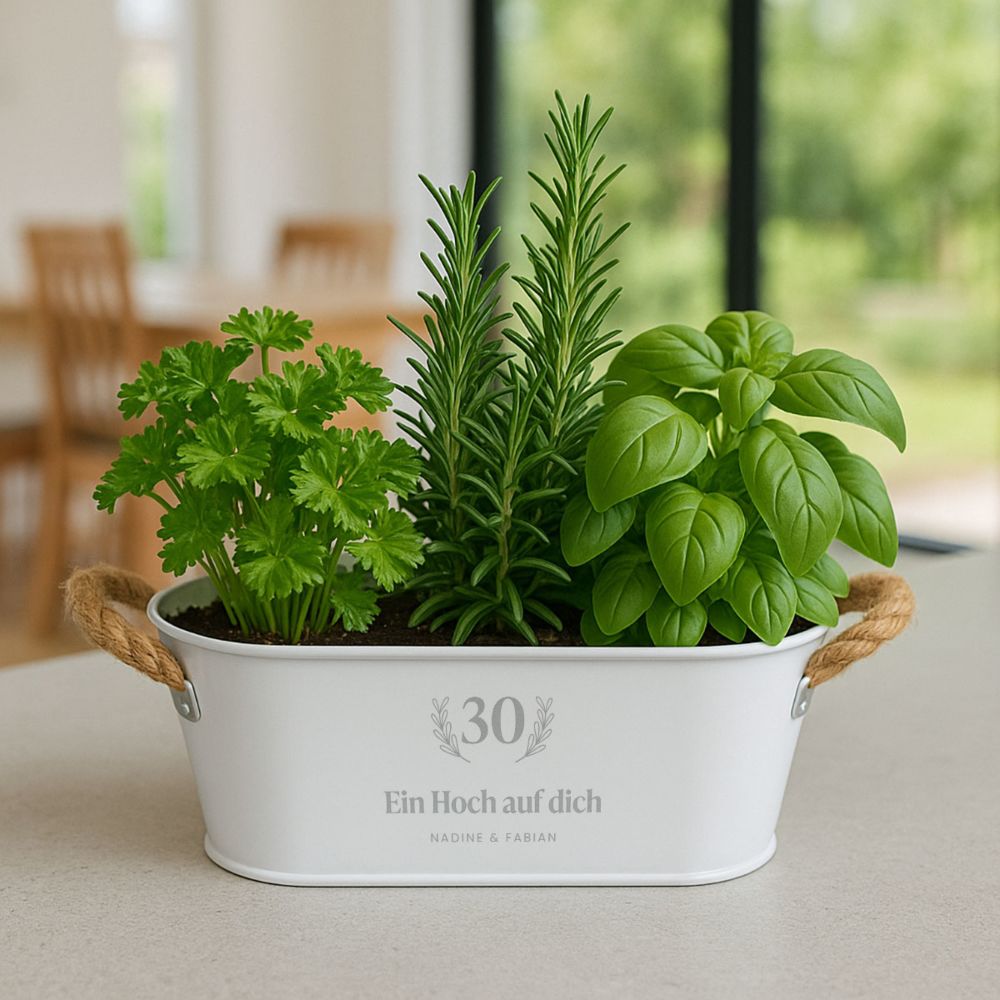 Personalisierbarer Blumenkasten mit Kranz und Text