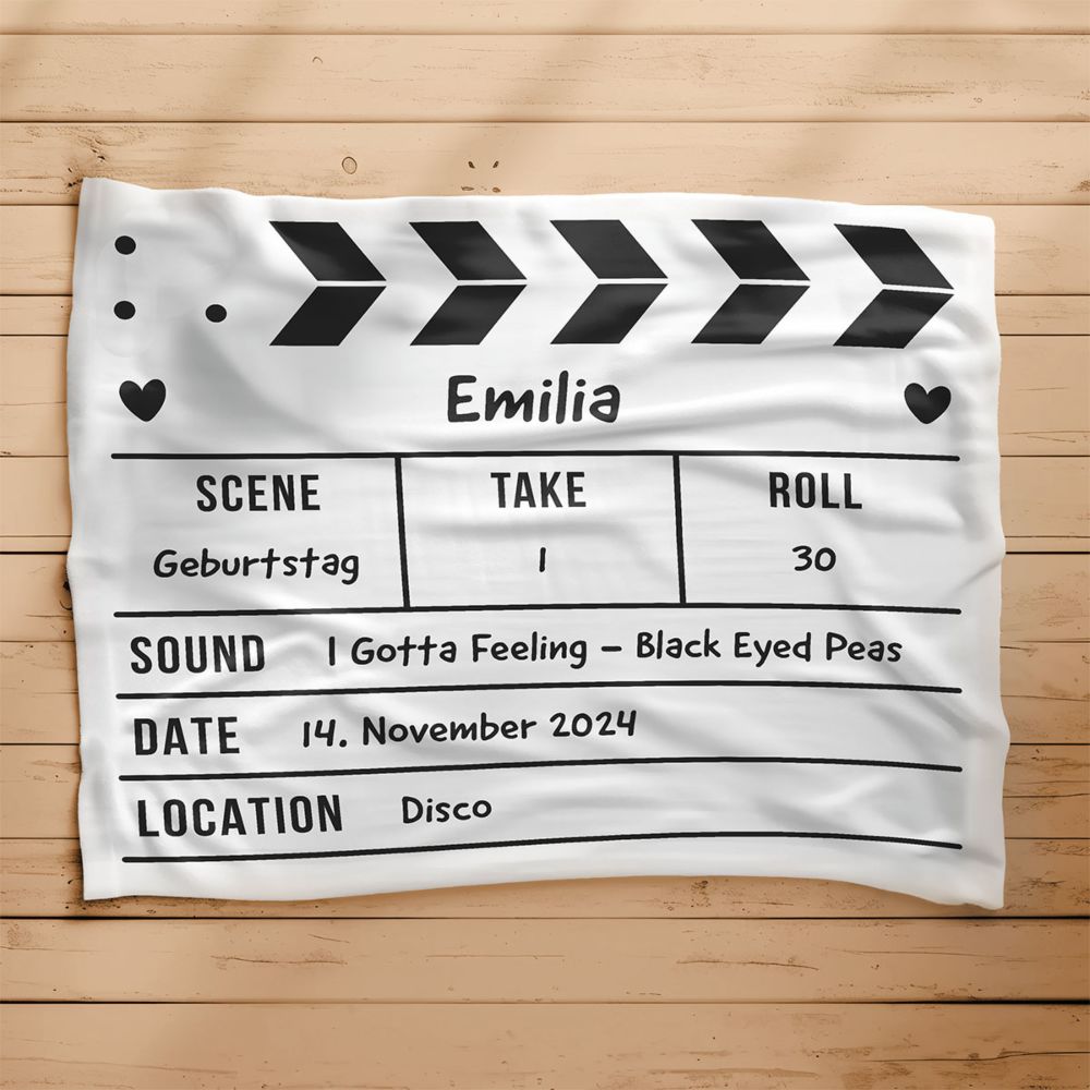 Personalisierbare Decke als Filmklappe