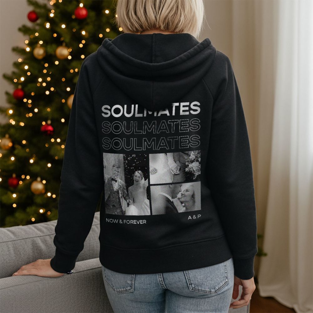 Personalisierbarer Kapuzenpullover mit Schwarz Weiß Fotos und Text