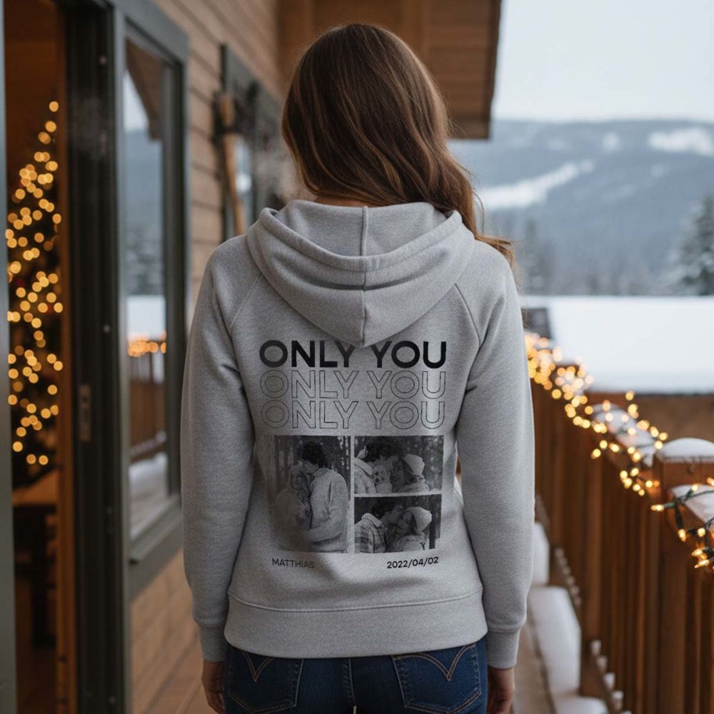 Personalisierbarer Kapuzenpullover mit Schwarz Weiß Fotos und Text