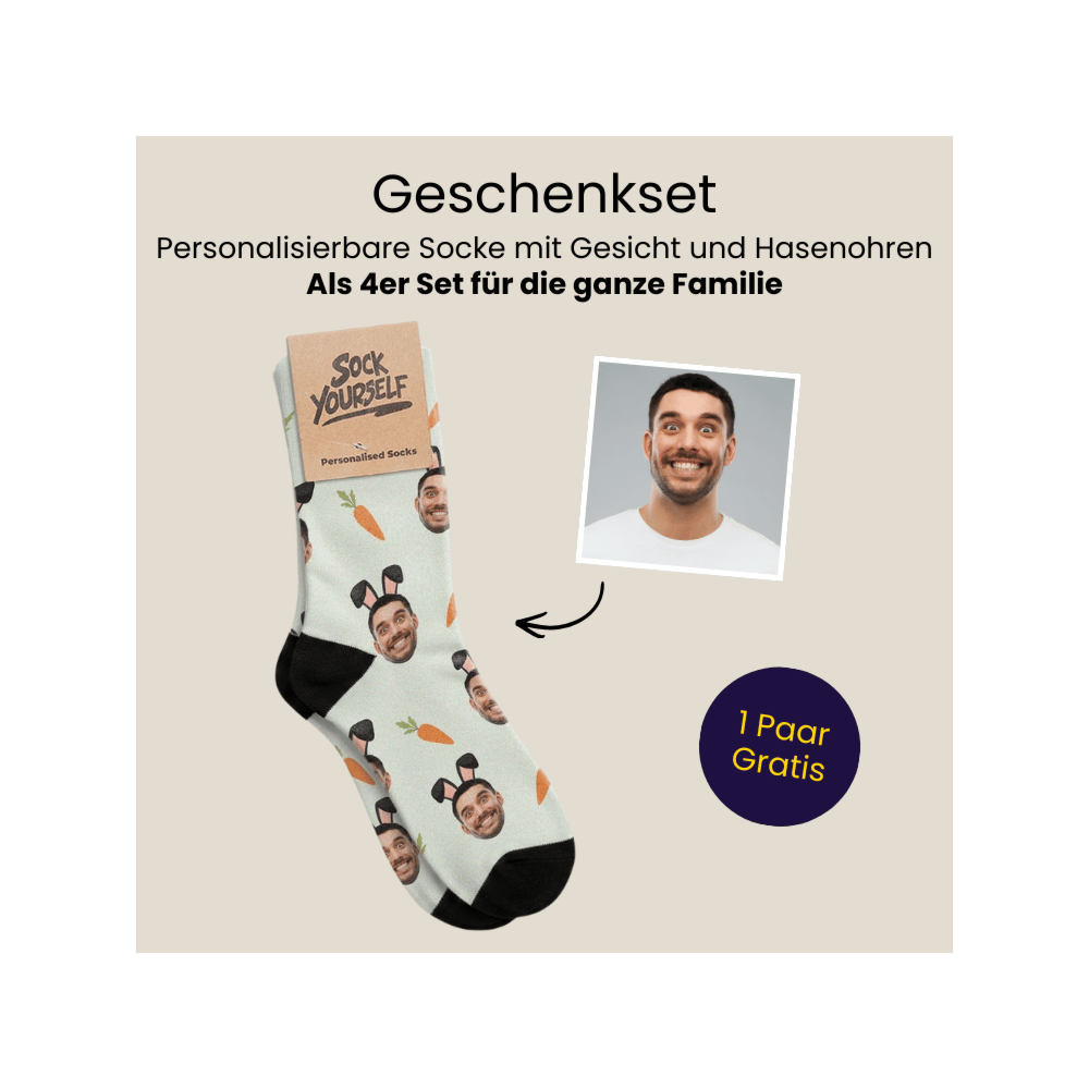 Geschenkset Ostersocken 4er Set mit Gesicht und Hasenohren