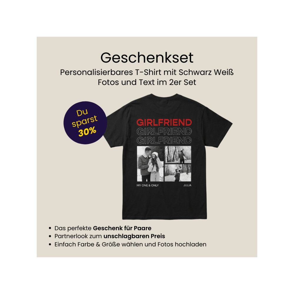 Geschenkset 2er Set T-Shirt mit Schwarz Weiß Fotos und Text