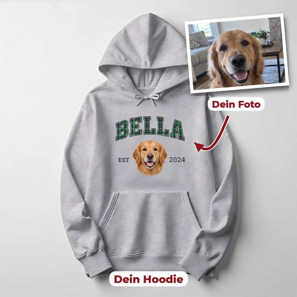 Personalisierter Hoodie mit Haustier-Foto, Name und Jahr im College Design