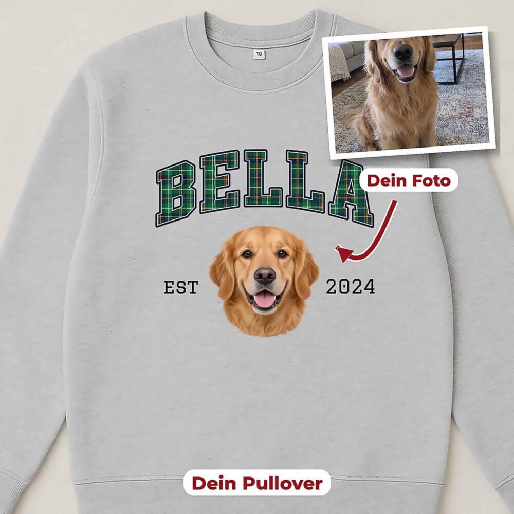 Haustier Pullover im Varsity College Design mit Foto, Name und Jahr