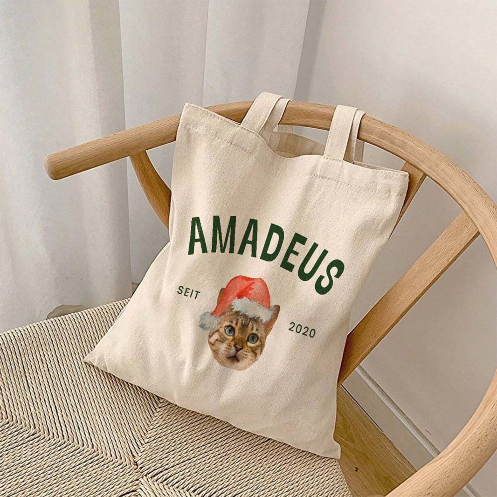 Personalisierbarer Jutebeutel mit Haustier und Weihnachtsmütze