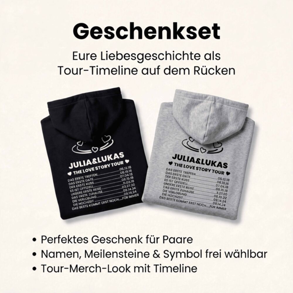 Love Story Kapuzenpullover-Set mit Namen und Wunschdatum