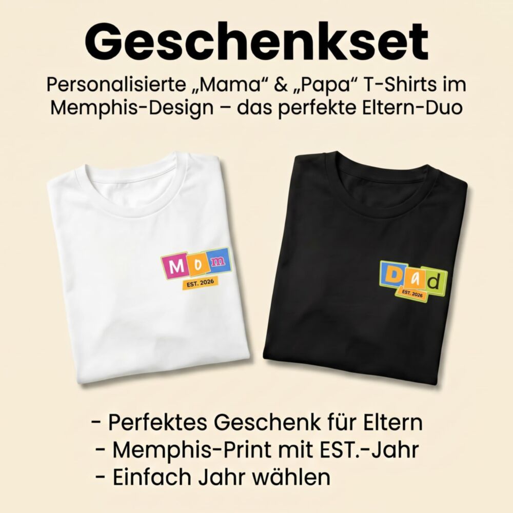 Geschenkset für Eltern – Papa & Mama T-Shirts personalisiert mit Memphis-Design