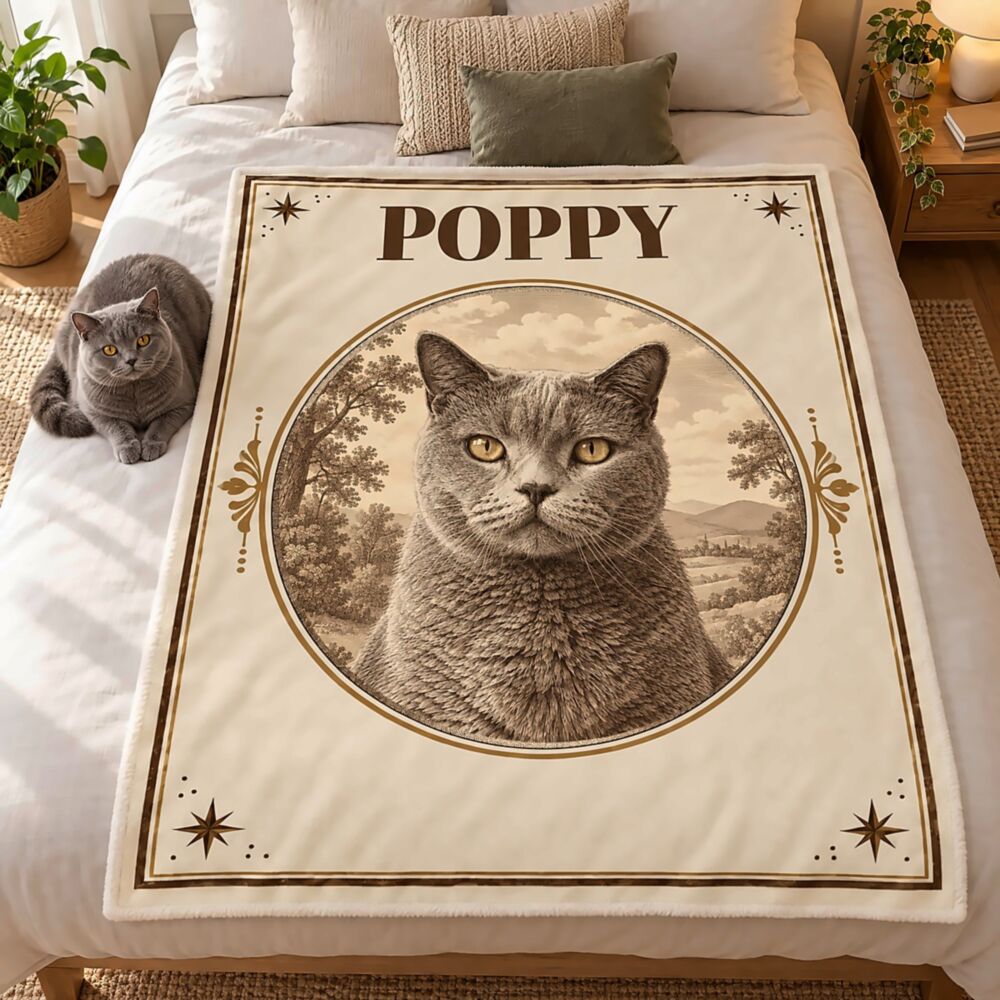 Personalisierbare Decke mit Haustierfoto und Namen im Vintage-Kupferstich-Stil