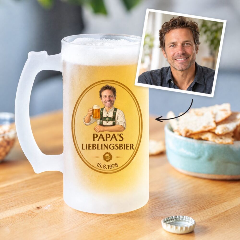 Personalisierbarer Bierkrug mit Logo und Gesicht