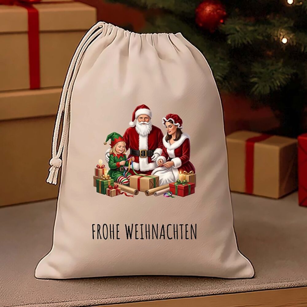Personalisierbarer Weihnachtssack mit Familie – personalisiert mit Familien-Illustration und Spruch „Frohe Weihnachten“ Personalisierbarer Weihnachtssack mit Familie – personalisiert mit Familien-Illustration und Spruch „Frohe Weihnachten“