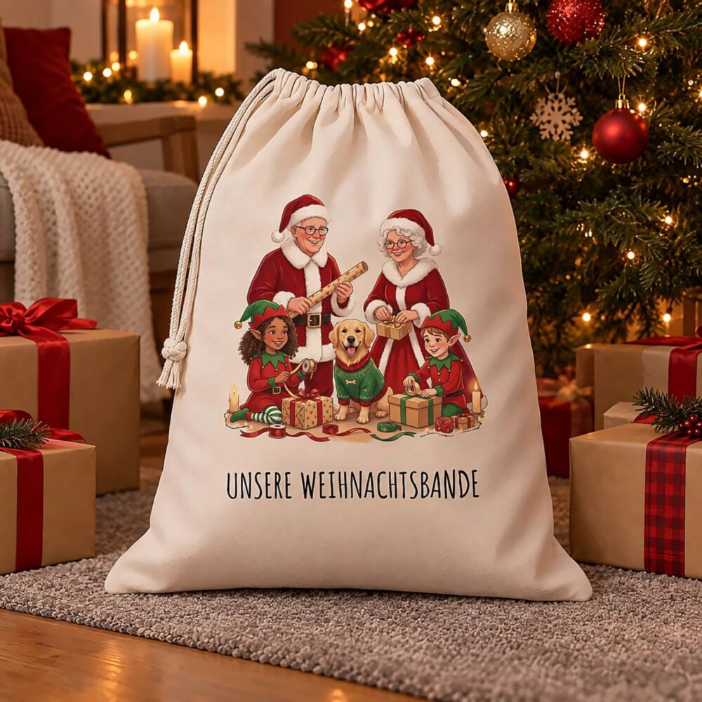 Personalisierbarer Weihnachtssack mit Familien-Illustration
