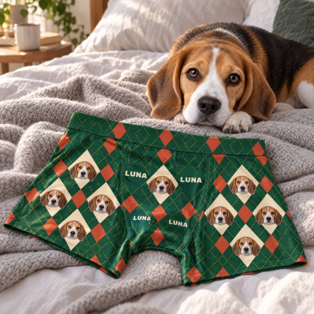 Personalisierte Boxershorts mit Haustierfoto im Argyle-Rautenmuster