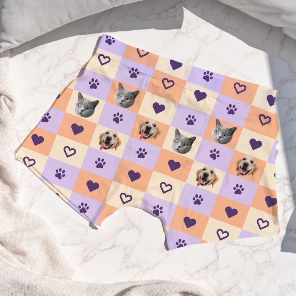 Personalisierte Boxershorts mit Haustierfotos – Patchwork Design, Beispiel mit Katzen und Hunden