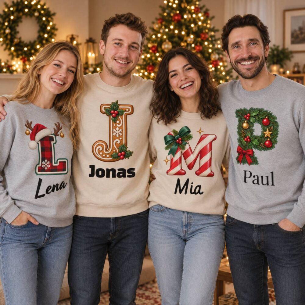 Personalisierter Weihnachtspullover mit Buchstabe und Name – vier Freunde, jeder mit eigenem Buchstaben Personalisierter Weihnachtspullover mit Buchstabe und Name – vier Freunde, jeder mit eigenem Buchstaben