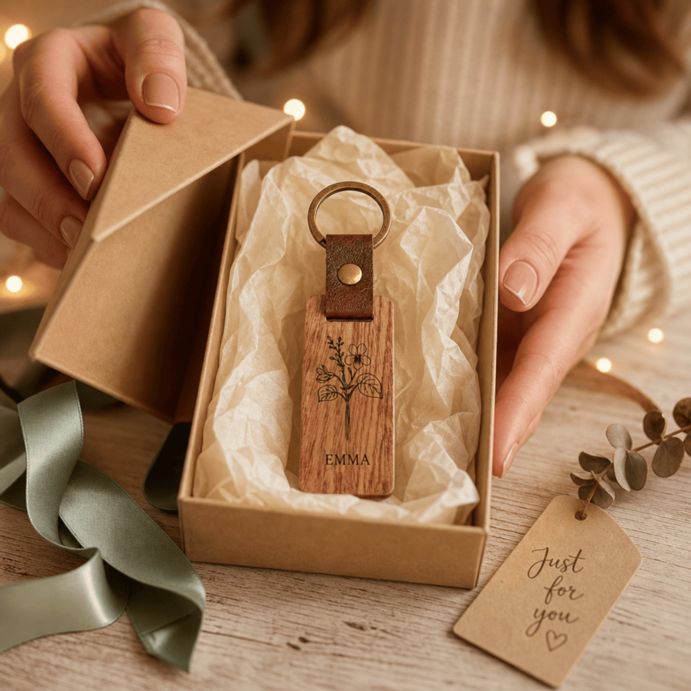 Personalisierter Schlüsselanhänger aus Holz mit Geburtsblume und Wunschdatum