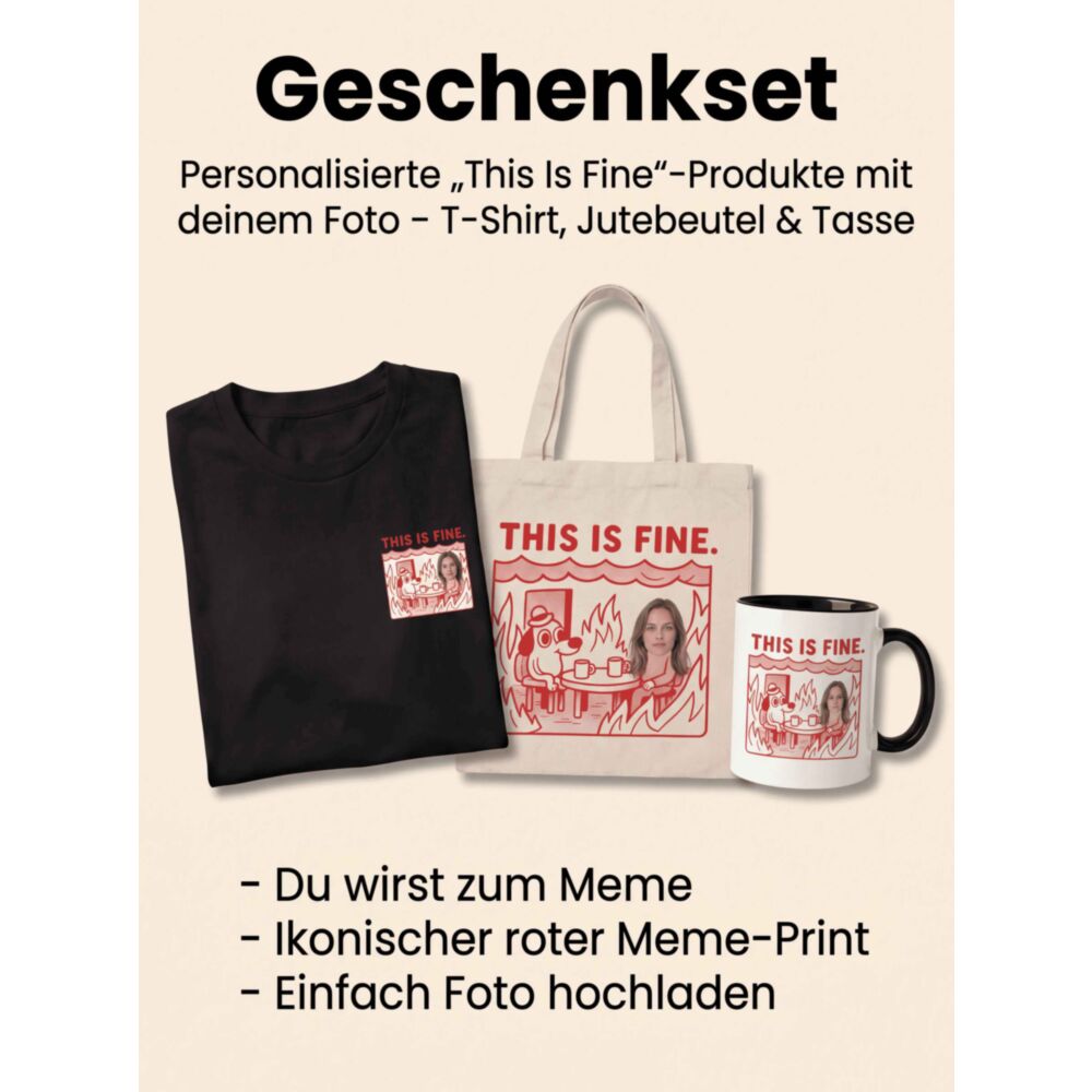 This Is Fine Meme Geschenkset mit T-Shirt, Tasse und Jutebeutel