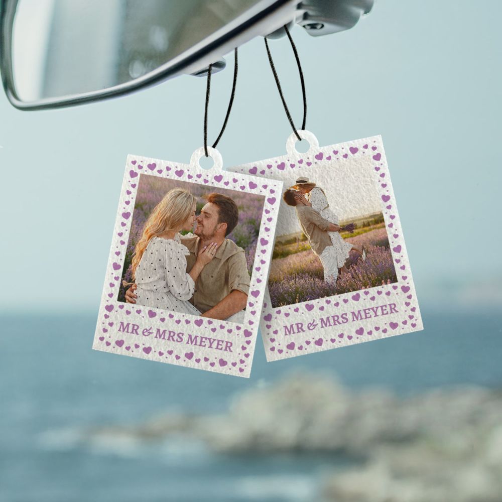 Personalisierbarer Duftbaum 2er Set im Polaroid-Look mit Herzen