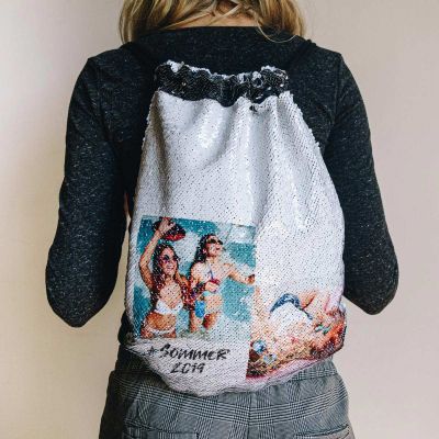 Personalisierbarer Pailletten Turnbeutel mit 2 Bildern und Text Personalisierbarer Pailletten Turnbeutel mit 2 Bildern und Text