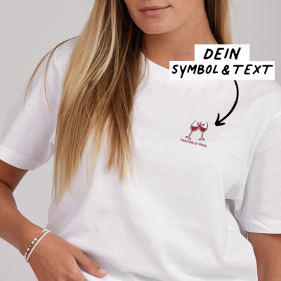 Besticktes T-Shirt Weiß mit Text und Symbol Besticktes T-Shirt Weiß mit Text und Symbol