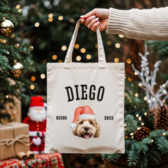 Bolsa de yute personalizable con mascota y gorro de Navidad