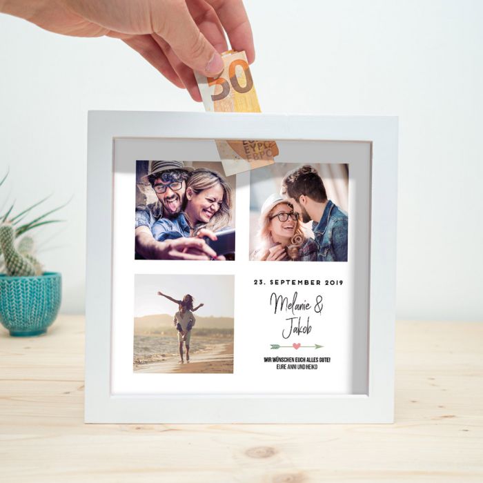 Bilderrahmen-Spardose zur Hochzeit personalisiert M08 mit Foto Geldgeschenk 