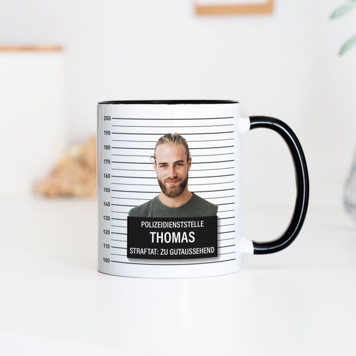 Personalisierbare Tasse mit Gesicht als Polizeifoto main product photo