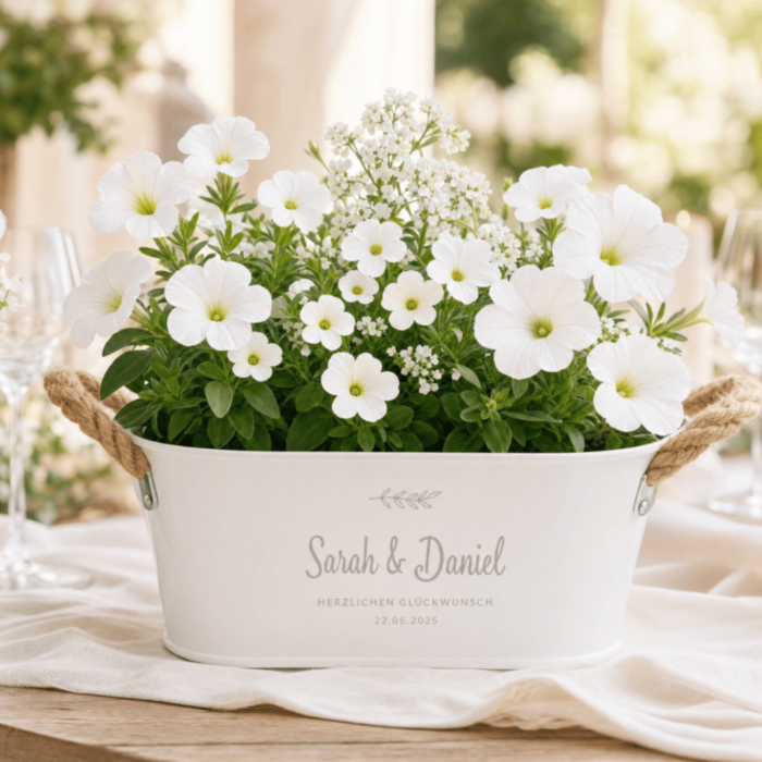 Personalisierbarer Blumenkasten mit Symbol und Text