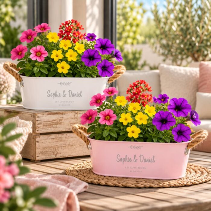 Personalisierbarer Blumenkasten mit Kranz und Text