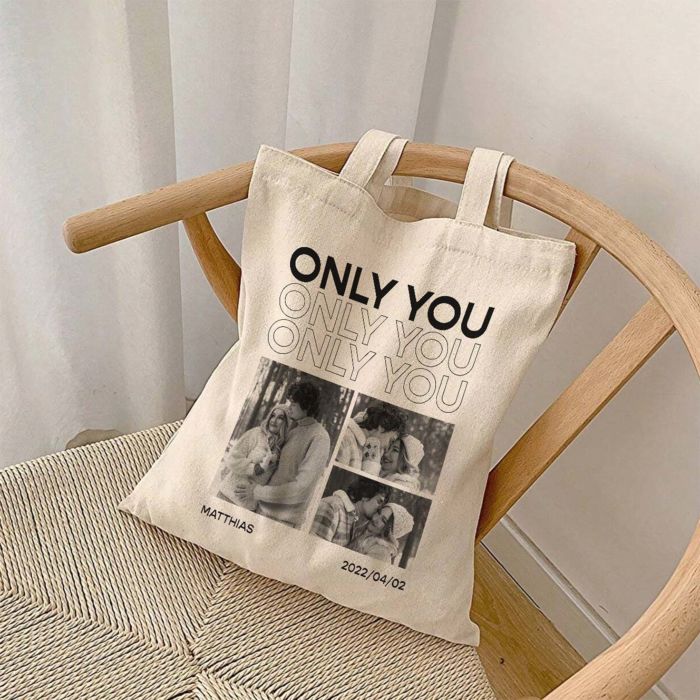 Personalisierbarer Jutebeutel mit Schwarz Weiß Fotos und Text Personalisierbarer Jutebeutel mit Schwarz Weiß Fotos und Text