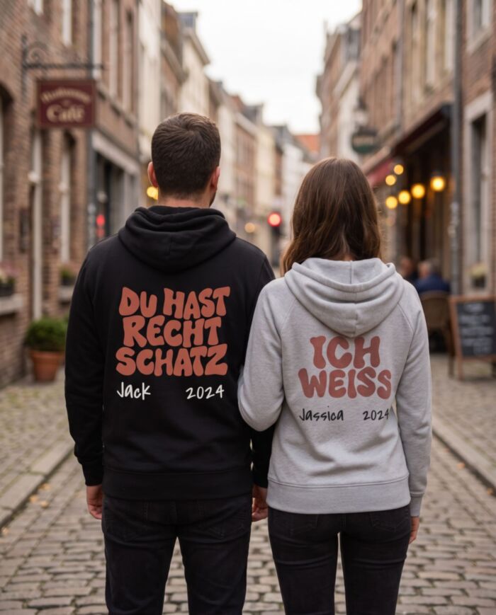 Pärchen Kapuzenpullover Geschenkset 'Ich weiß' & 'Du hast recht Schatz'