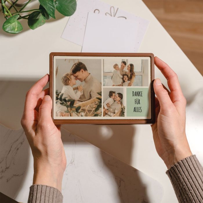 Personalisierte Schokolade als Karte mit 3 Fotos und Text