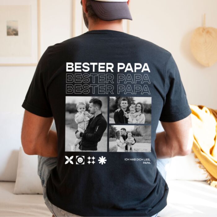 Personalisierbares Papa T-Shirt mit Schwarz Weiß Fotos und Text