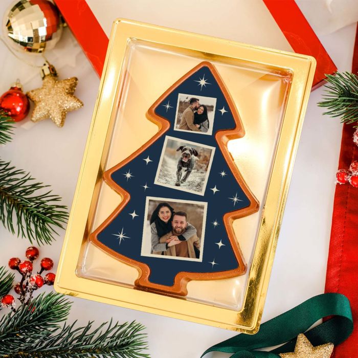 Personalisierte Schokolade als Tannenbaum mit 3 Fotos