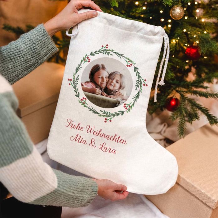 Personalisierbarer Weihnachtsstrumpf mit Foto und Text