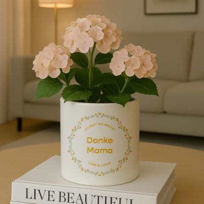 Personalisierbarer Blumentopf mit Text und Kranz