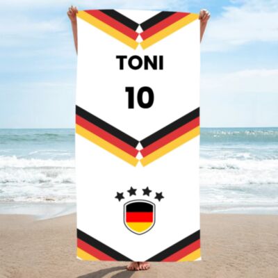 Personalisierbares WM-Handtuch im Trikot-Design mit Text