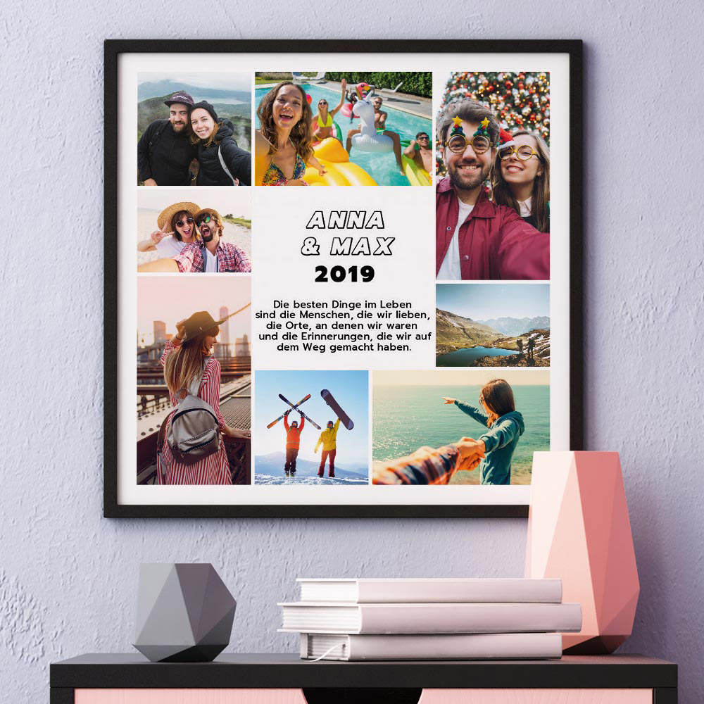 Personalisierbares Poster mit 8 Fotos und Text