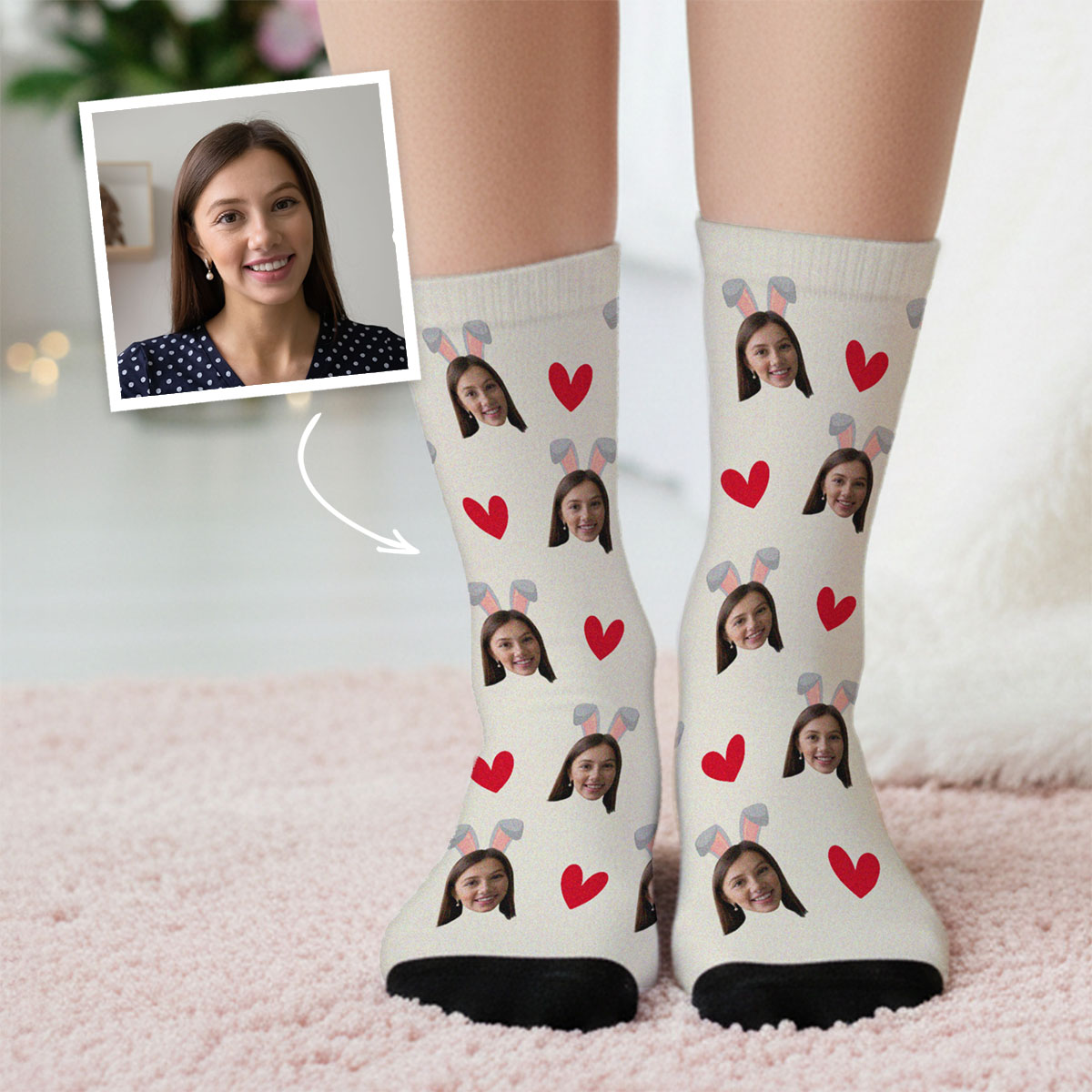 Personalisierbare Socken mit Gesicht und Hasenohren, Muttertagsgeschenk, Fotogeschenk, Witzige Geschenke, Romantische Geschenke, Hochzeitsgeschenk, 