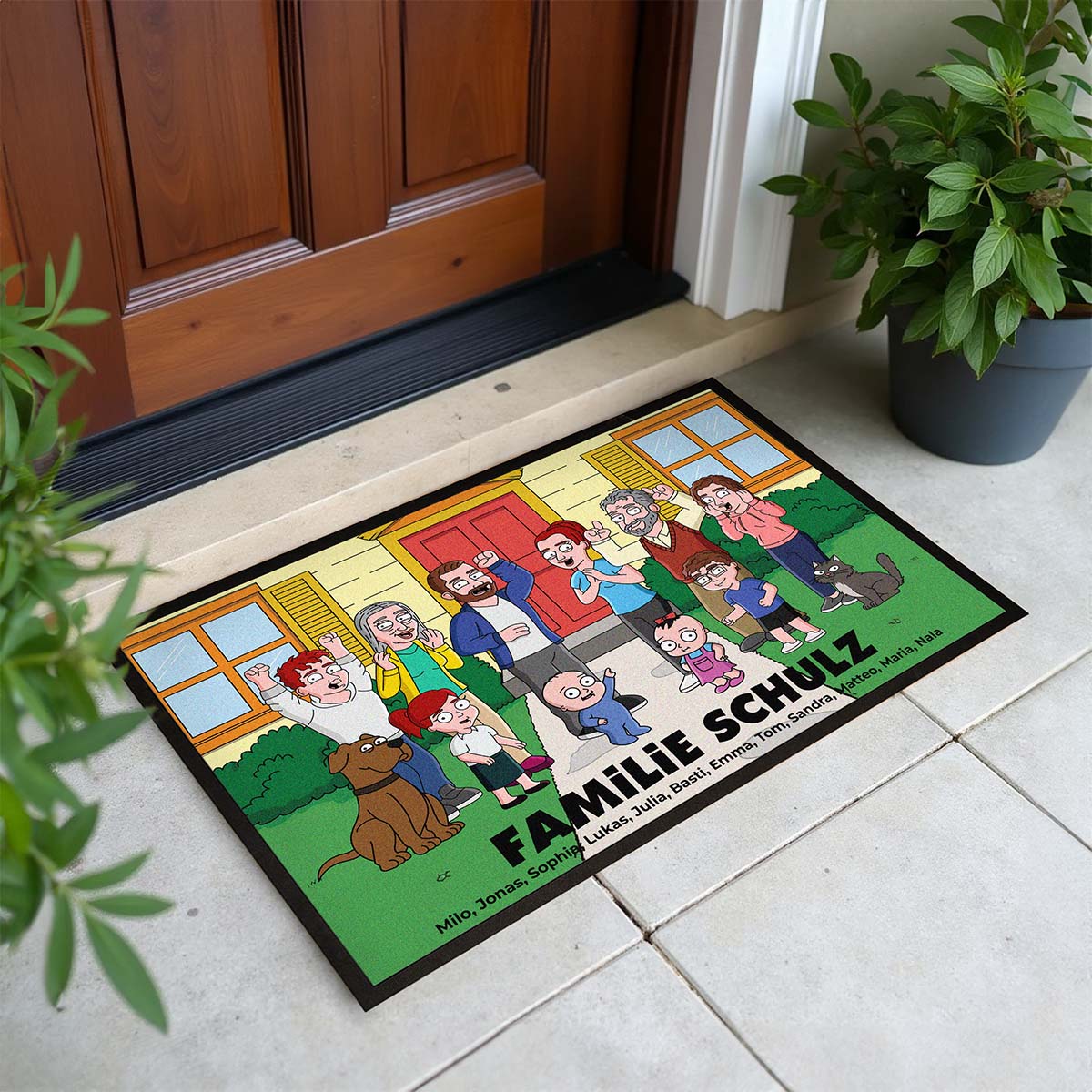 Personalisierbare Fußmatten-Illustration Zeichentrick Familie, Witzige Geschenke, Romantische Geschenke, Hochzeitsgeschenk, Kleine Geschenke, Geschenk