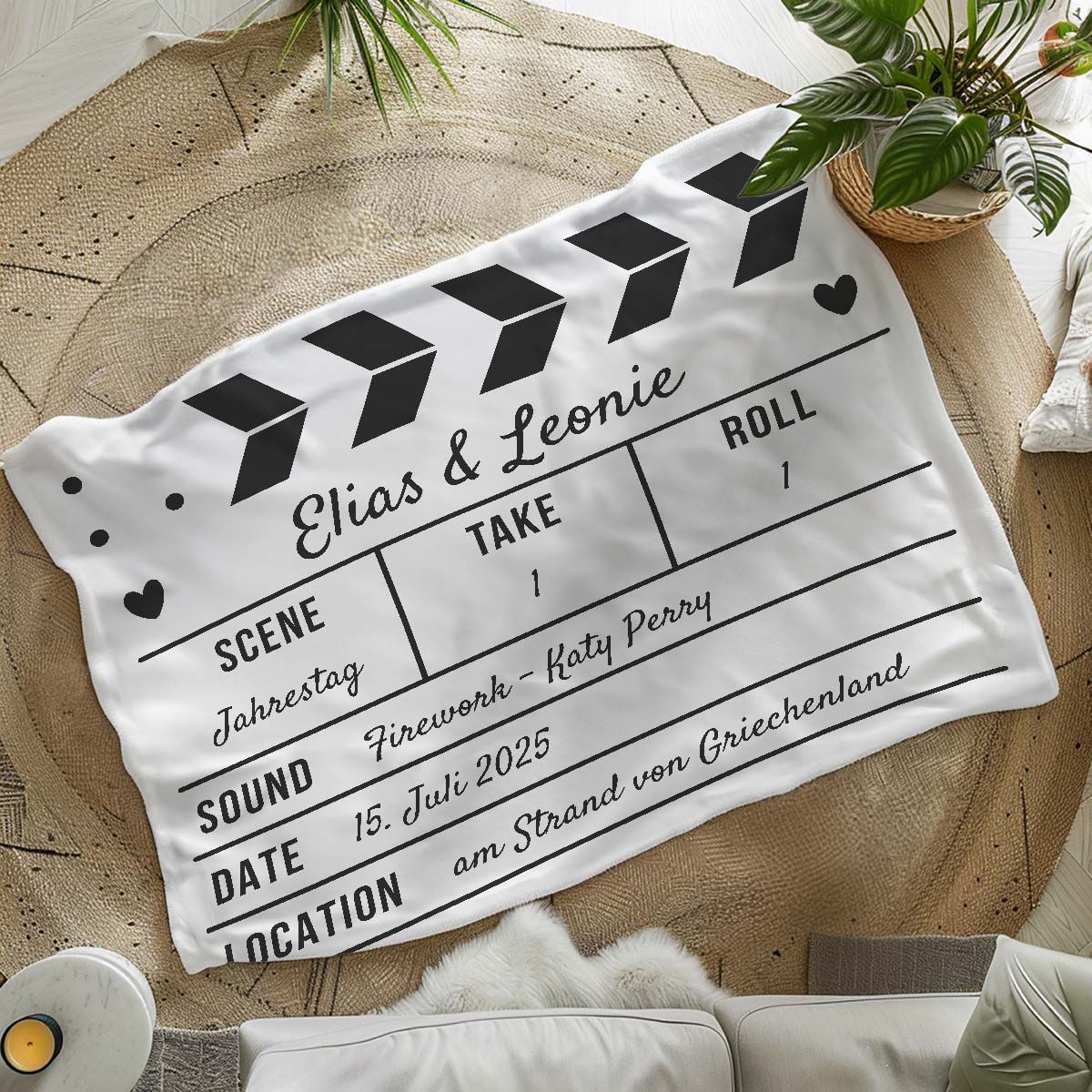Personalisierbare Decke als Filmklappe, Geschenk für Frauen / Freundin, Romantische Geschenke, Hochzeitsgeschenk, Kleine Geschenke, Geschenk,