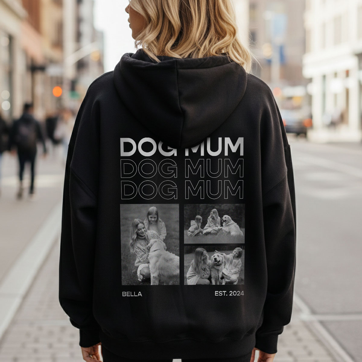 Personalisierbarer Kapuzenpullover mit Schwarz Weiß Fotos und Text