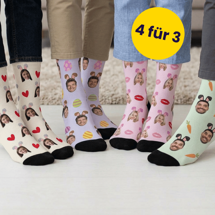 Geschenkset Ostersocken 4er Set mit Gesicht und Hasenohren, Witzige Geschenke, Romantische Geschenke, Hochzeitsgeschenk, Kleine Geschenke, Geschenk,