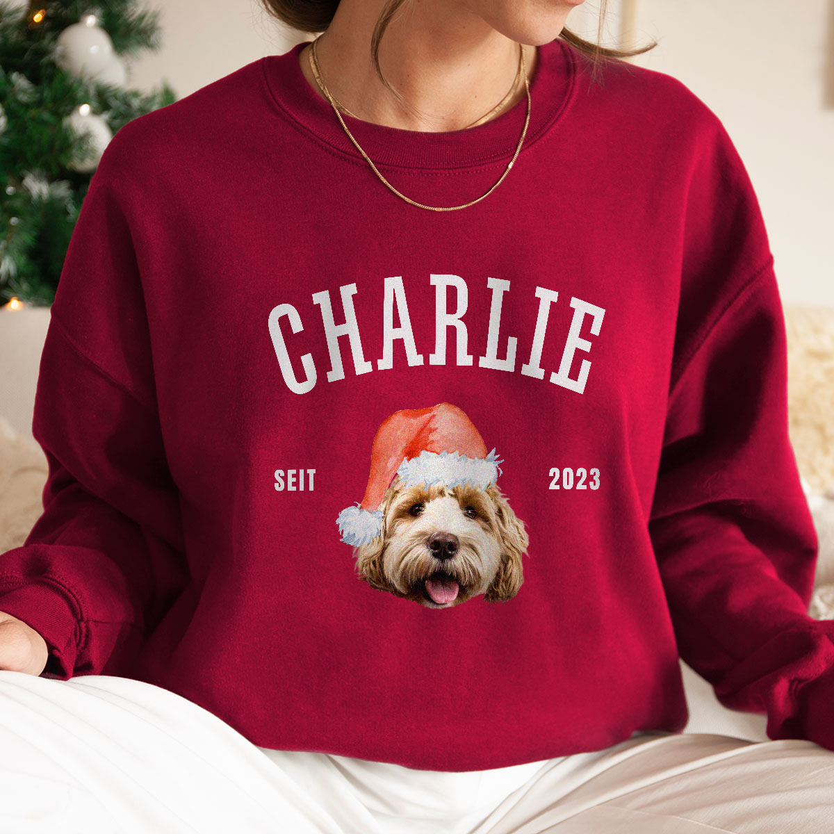 Personalisierbarer Pullover mit Haustier und Weihnachtsmütze