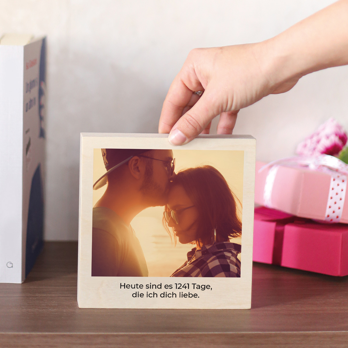 Personalisierbarer Holzblock mit Foto und Text