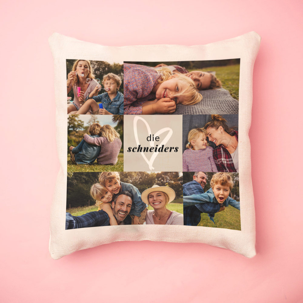 Personalisierbarer Kissenbezug mit 6 Fotos und Text